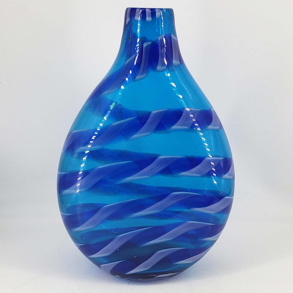 Studio Art Glass Hand Blown cobalt wave pattern heavy decorative bottle vase
